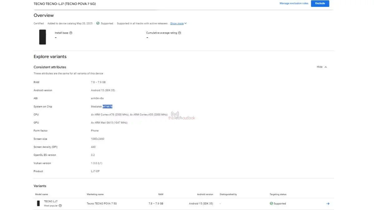 Tecno Pova 7 5G spotted on Google Play Console dimensity 7300 or dimensity