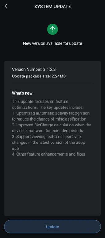 Amazfit Helio Strap update version 3.1.2.3 change