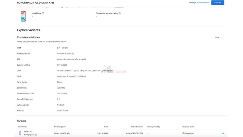 Honor X7d 4G – Google Play Console Listing