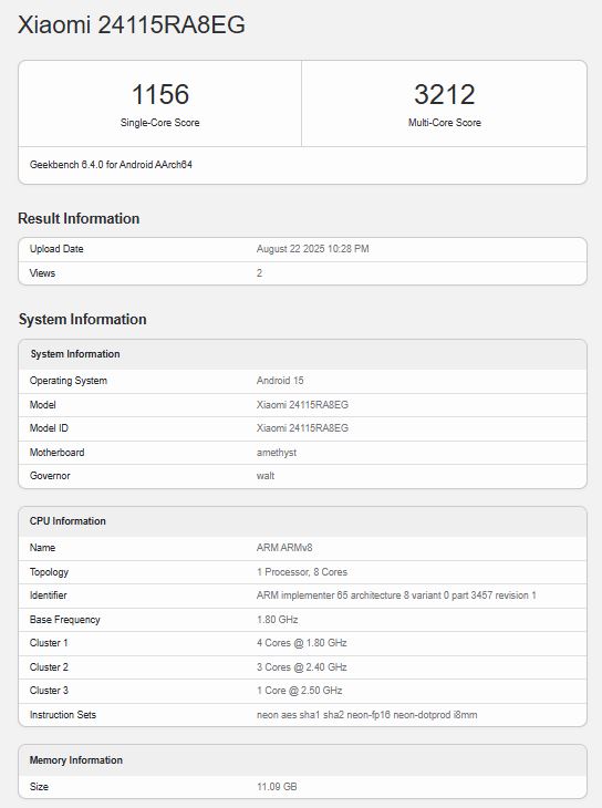 Redmi Note 14 Pro Plus Geekbench.