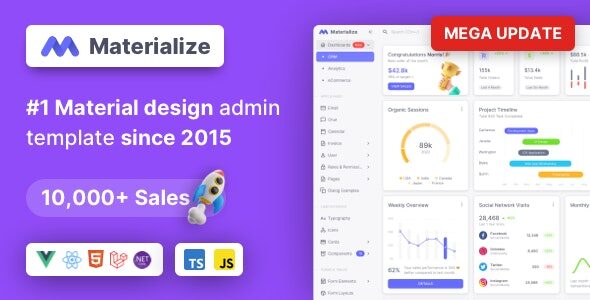 Materialize 13.11.0 – Next.js, Vuejs, Nuxt, HTML, Laravel, Django, Asp.Net Material Design Admin Template